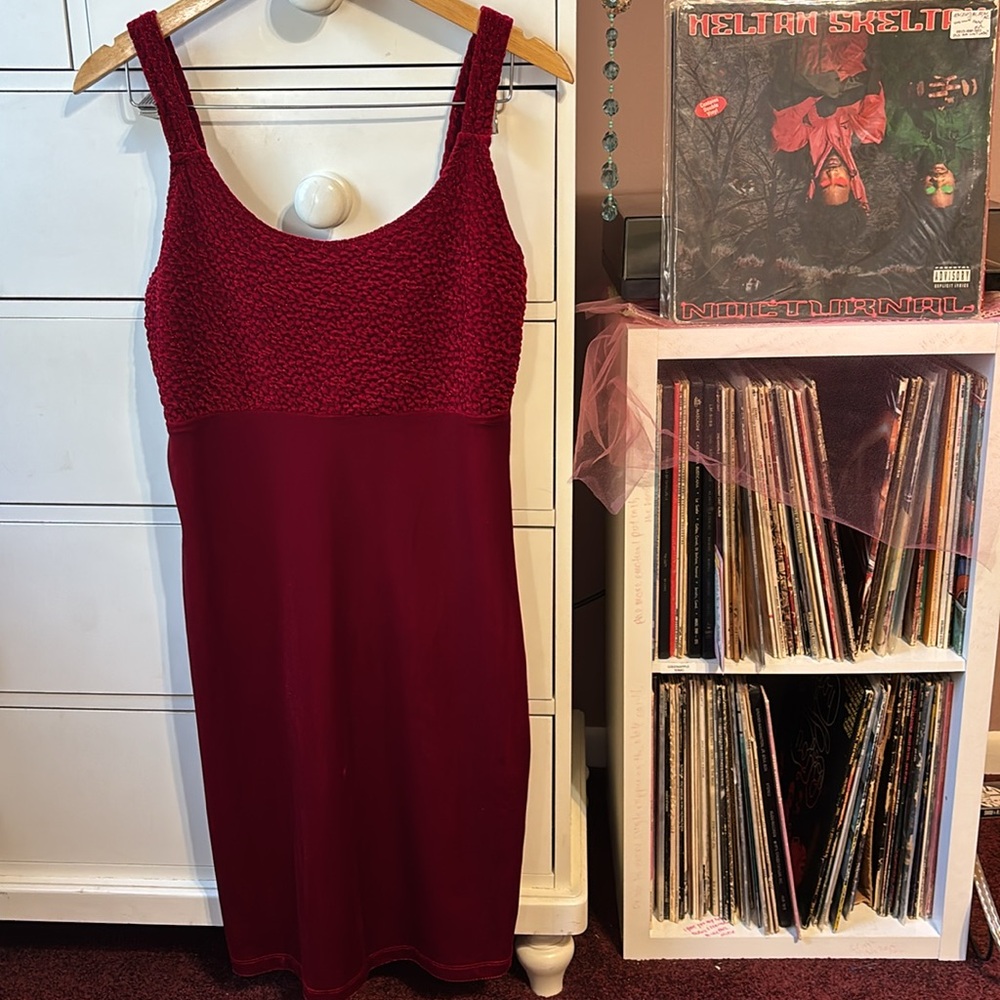 Vintage 90s Glitter Mini Dress Velvet Bodycon Burgundy Betsey Johnson Sexy Hot L